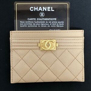 CHANEL Tan Quilted Card Holder with Gold Logo